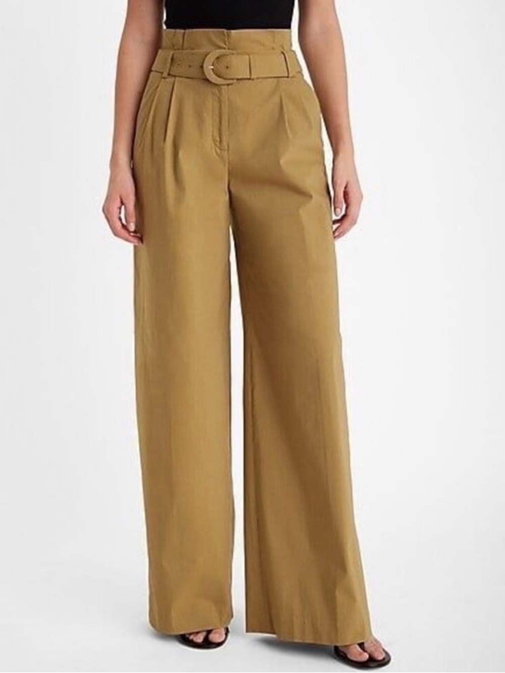 Express Super High Waisted Wide Leg Paperbag Pants Tan Camel Size 12L NO BELT
